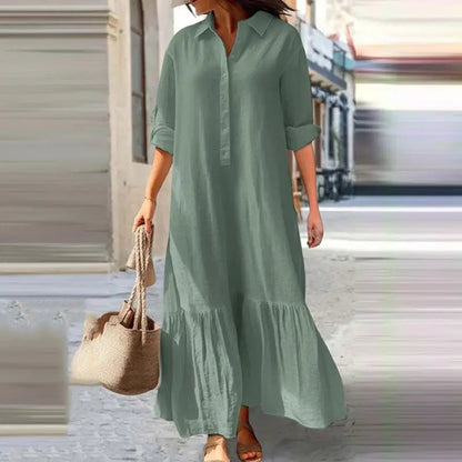 Women's Maxi Dress - Cotton Blend - Relaxed Fit - Tiered Hem - Long Sleeve Collared