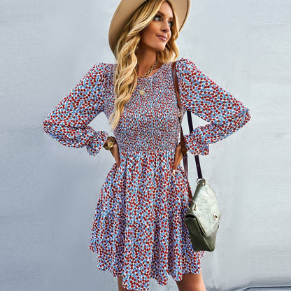 Women's Floral Dress - Long Sleeve Smocked Bodice - Flowy Boho Midi Style