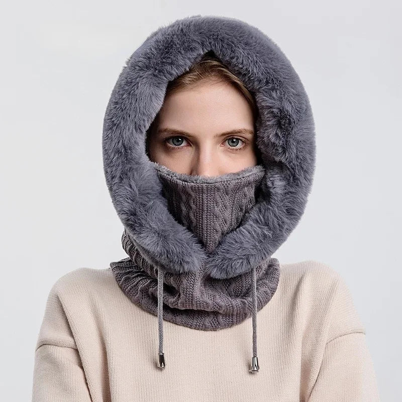 Amelia Fit Hooded Neck Warmer | Cable Knit Fur Trim Neck Warmer