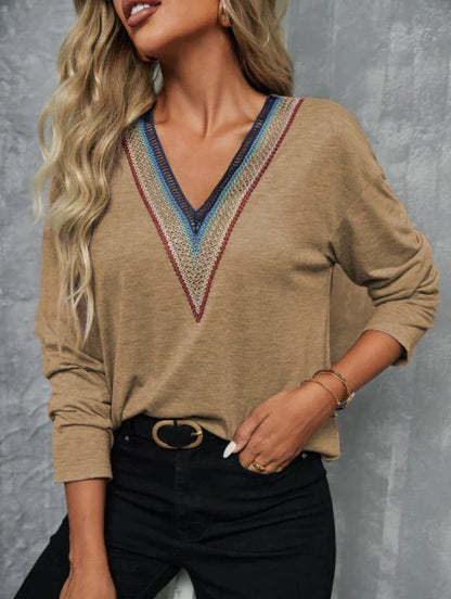 Women's V-Neck Blouse - Embellished Neckline - Long Sleeve Stretchy Casual Fit