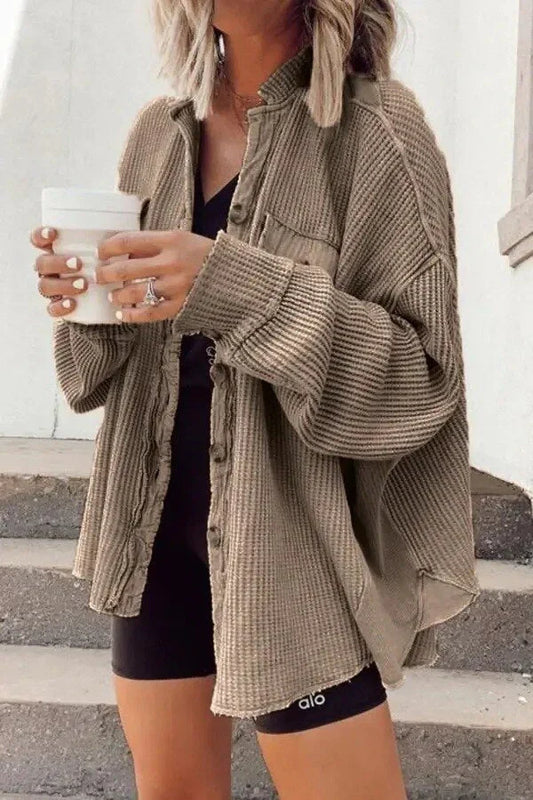 Oversized Waffle Knit Button Front Shirt Jacket 