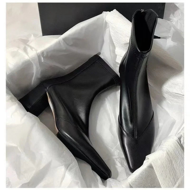 Women's high heels chunky heel boots with pointed toe