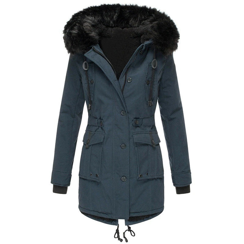 Women's winter parka with fur hood with front pocket and button closure