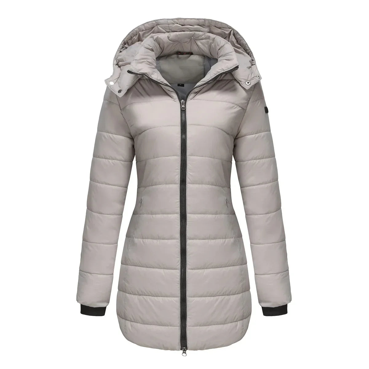 Women's winter puffer jacket with a removable quilted hood