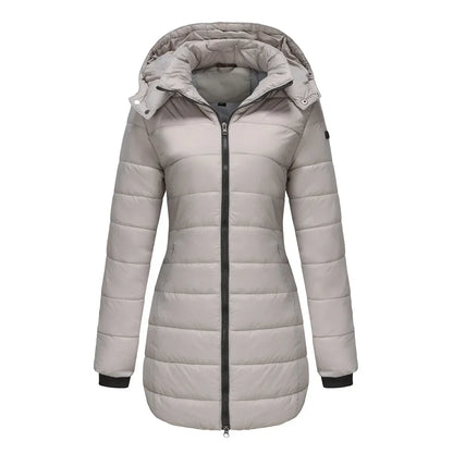 Women's winter puffer jacket with a removable quilted hood