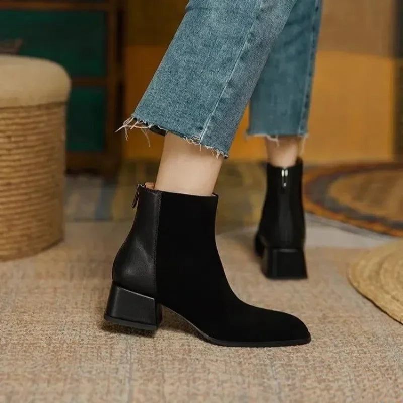 Chunky Heel Platform Square-Toe Ankle Boots