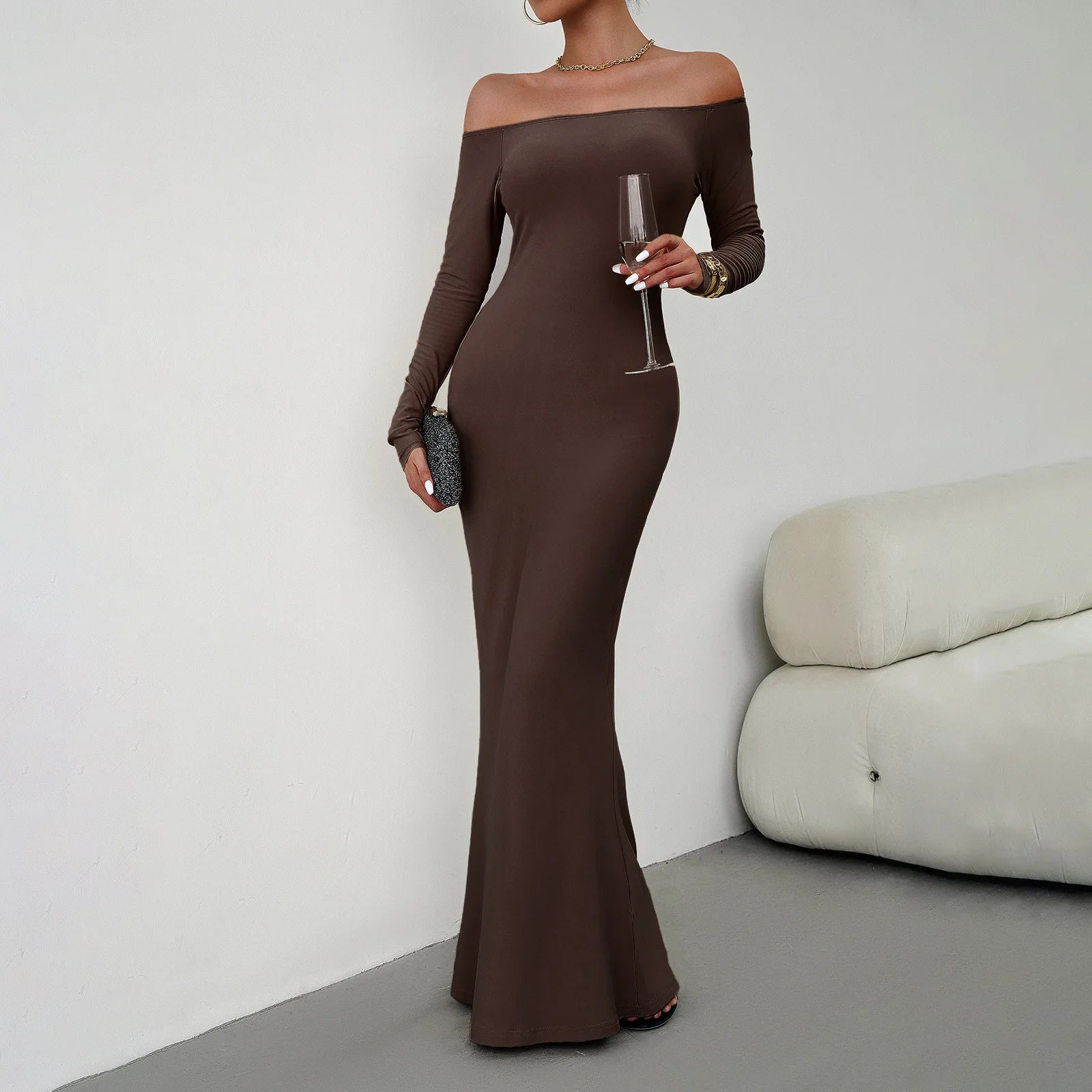 Stretch Fit Off-Shoulder Maxi Dress