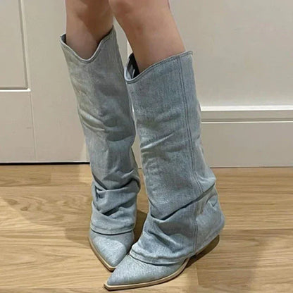 Women's knee-length pointed toe thick heel cowboy boots