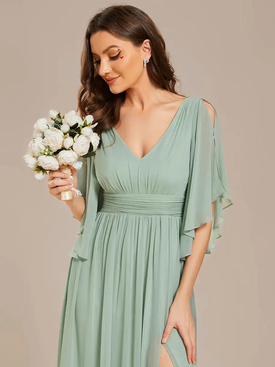 Draped Chiffon V-Neck Evening Gown