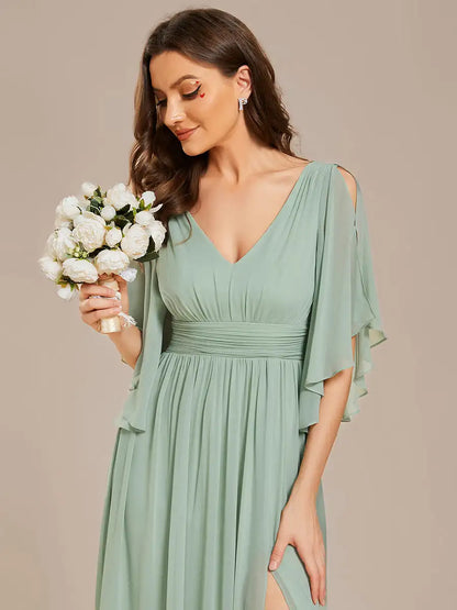 Women’s Evening Gown – Chiffon – Draped Fit – V-Neck – Flutter Sleeves – Side Slit
