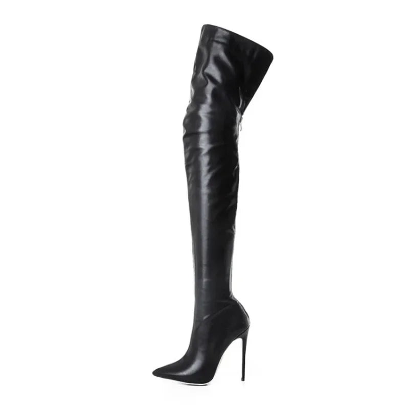 Women's thigh-high stretch PU leather heeled boots