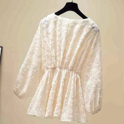Women's Lace Blouse - V-Neck Peplum - Long Billowy Sleeves - Elegant Floral Pattern