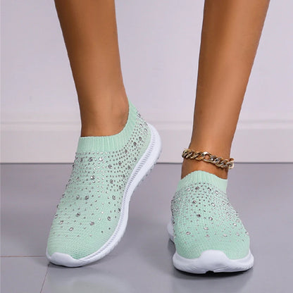 Women's Slip-On Sneakers - Knit Fabric - Rhinestone Embellished - Lightweight Sole