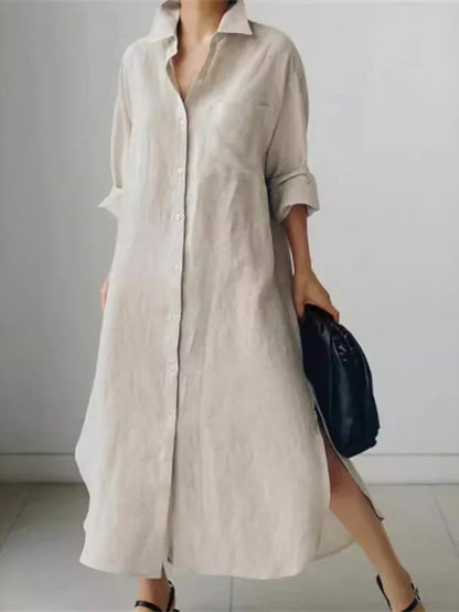 Women's Shirt Dress - Button Down - Long Sleeve - Relaxed Fit - Side Slits