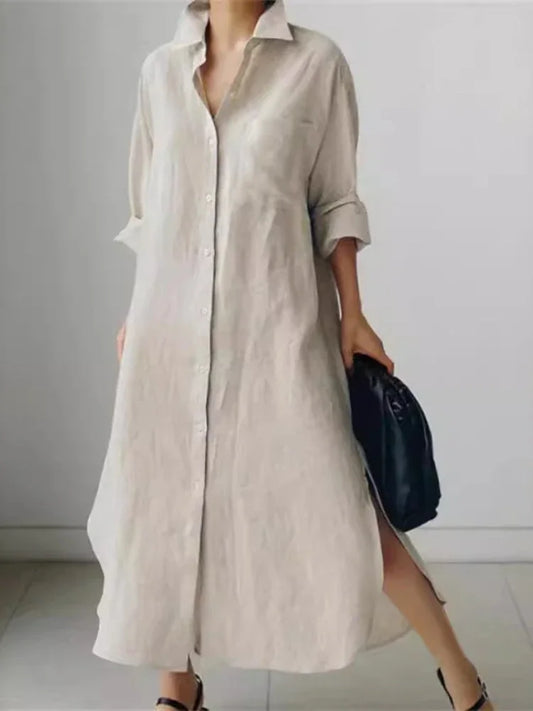 Linen Relaxed Fit Button Down Shirt Dress