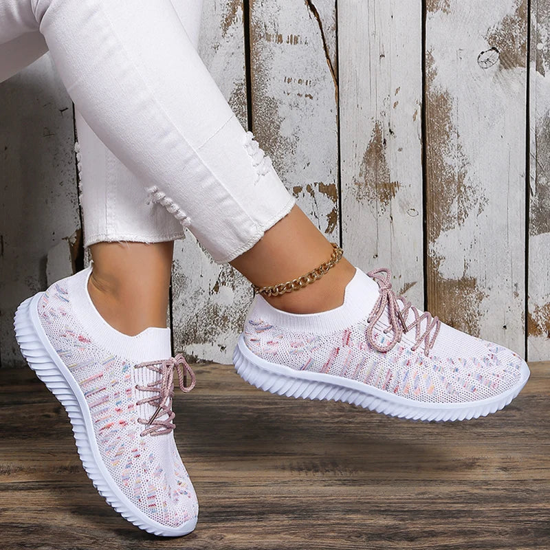 Women's colorful knit lace-up sneakers autumn plus size