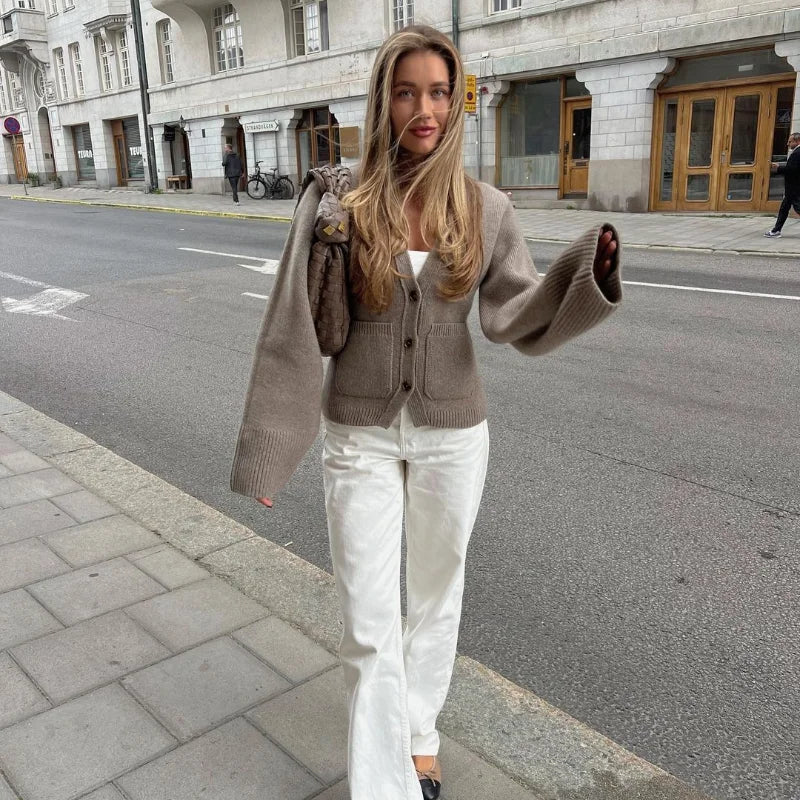 V-neck wool knitted sweater cardigan for women
