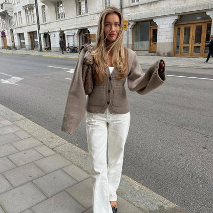 V-neck wool knitted sweater cardigan for women