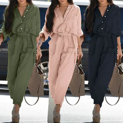 Women's Utility Jumpsuit - Cotton Blend - Long Sleeve - Belted Waist - Full Length