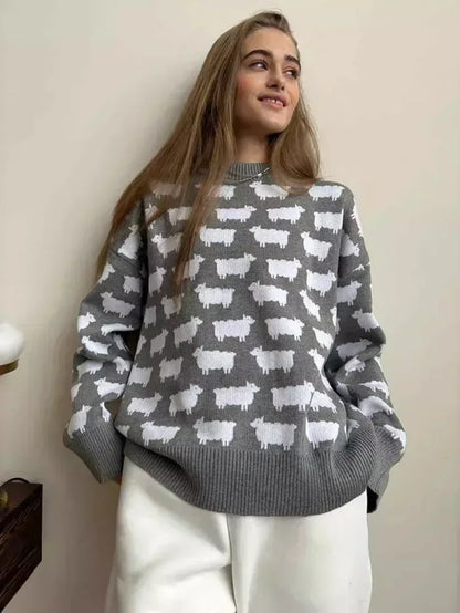 Women's Knit Sweater - Crew Neck - Relaxed Fit - Sheep Pattern Casual Pullover