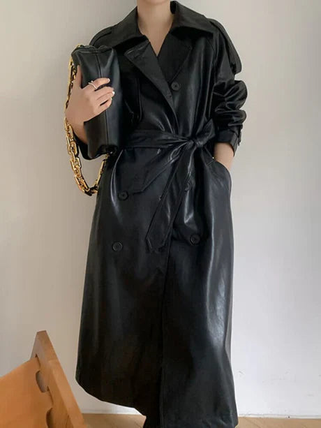 Leather Look Loose Fit Trench Coat 