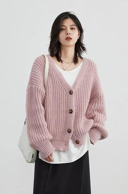 Women’s Knit Cardigan – Chunky Ribbed – Oversized Fit – Button Front – V-Neck