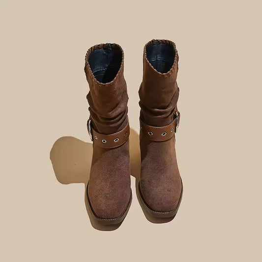 Suede-Like Mid-Calf Block Heel Boots