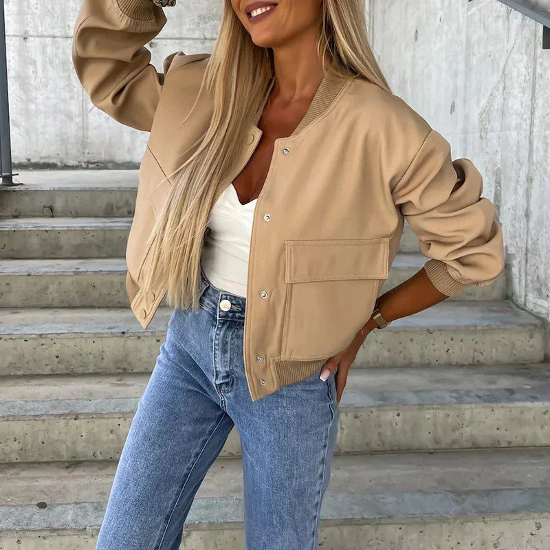 Relaxed Fit Cropped Bomber Jacket With Ribbed Trim 