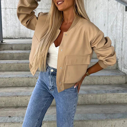 Women’s Bomber Jacket – Cropped Length – Relaxed Fit – Ribbed Trim – Snap Closure