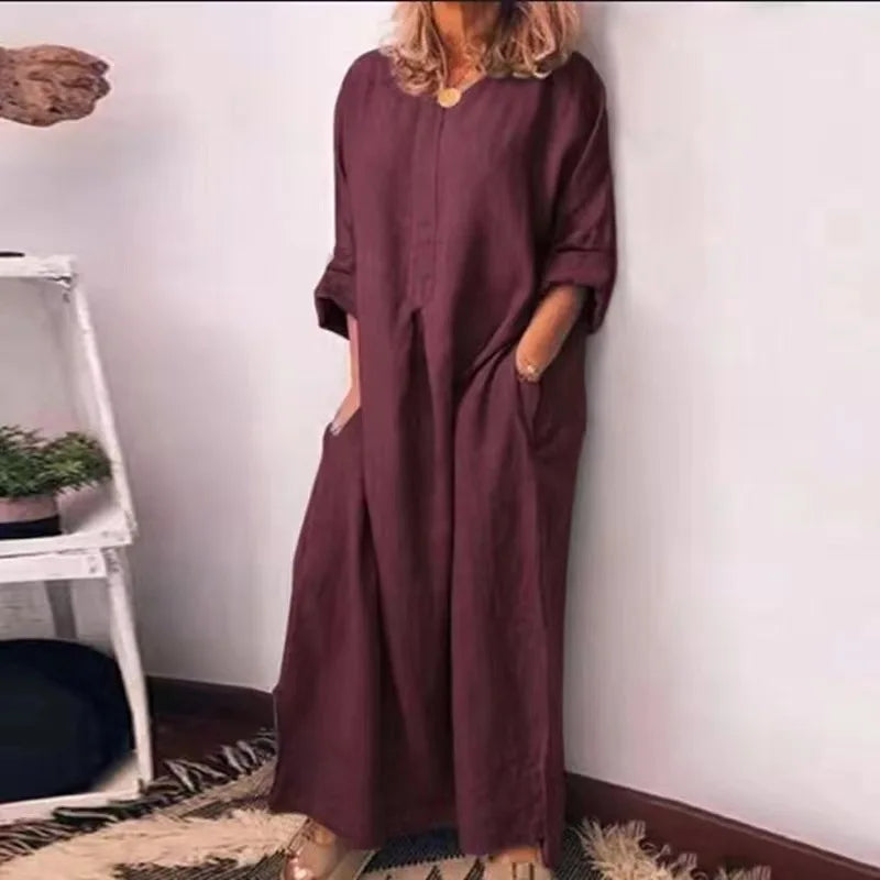 Women's Linen Maxi Dress - Long Sleeve - Loose Fit - Lightweight Breathable Fabric