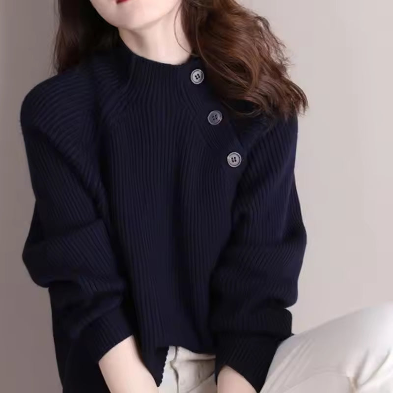 Rib-Knit Loose Fit Mock Neck Sweater 
