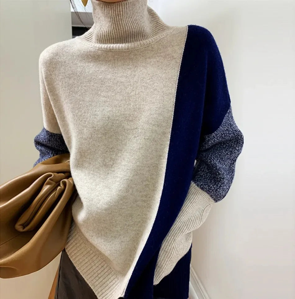 Women's color block high neck oversized sweater