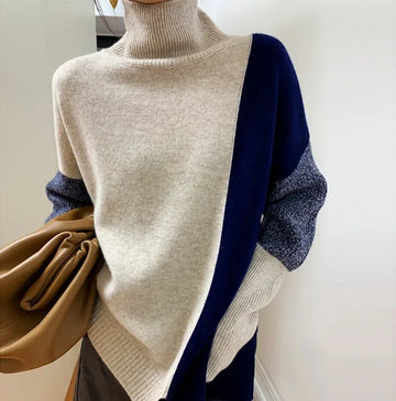 Women's french high neck color-blocked knitted sweater