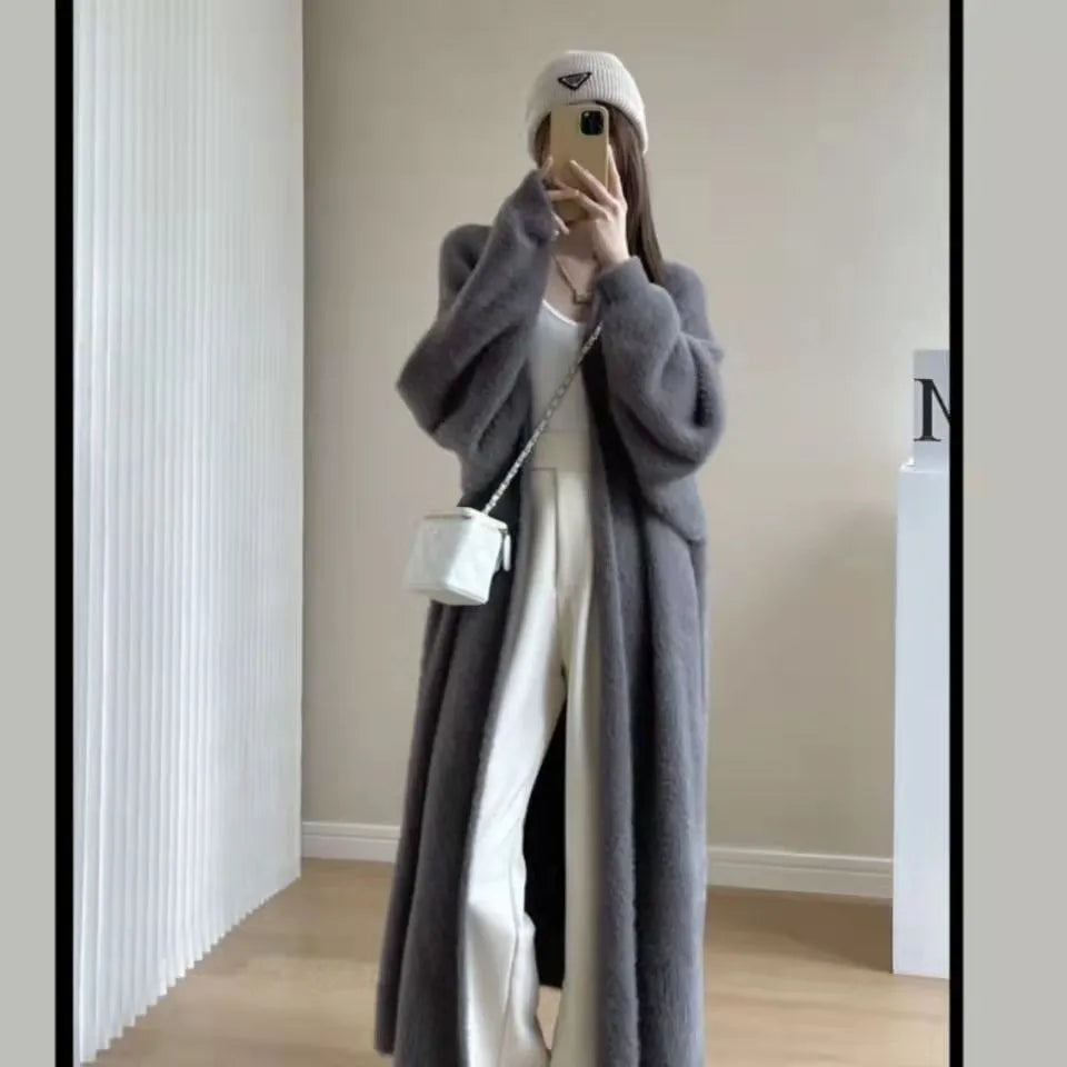 Women's long cardigan winter knitted fluffy sweater