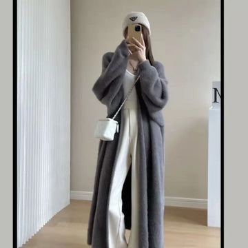 Women's long cardigan winter knitted fluffy sweater