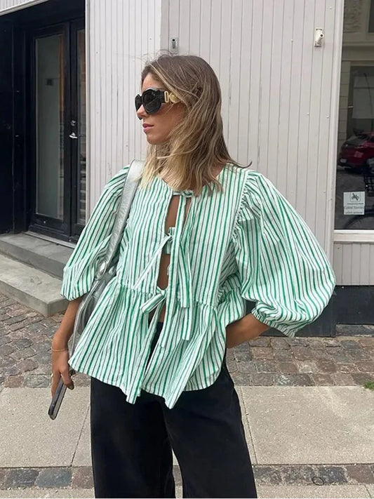 Striped Puff Sleeve Lightweight Tie-Neck Blouse