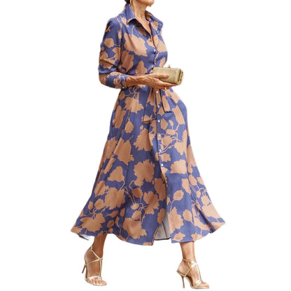Women's Long-Sleeve Shirt Dress - Button Down - Floral Print - Belted Waist