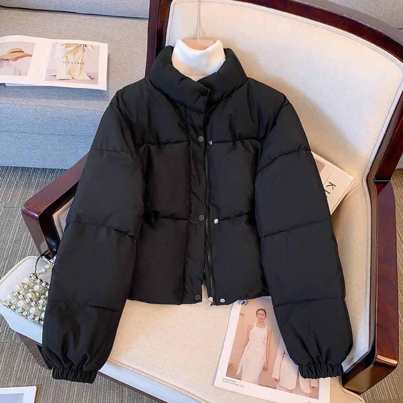 Women's Puffer Jacket - Quilted Insulated - Stand Collar - Cropped Fit Warm Outerwear