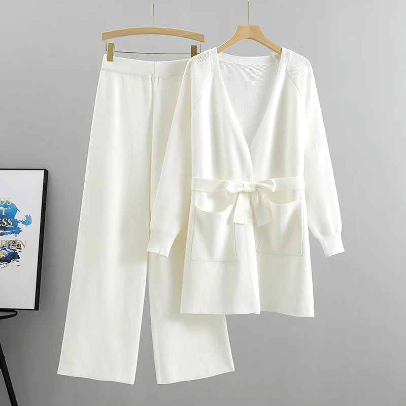 Women's autumn winter knit cardigan wide leg pants sets