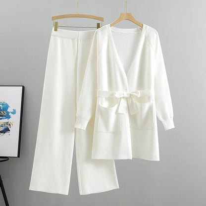 Women's autumn winter knit cardigan wide leg pants sets