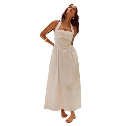 Women's halter neck backless dress with A-line midi skirt