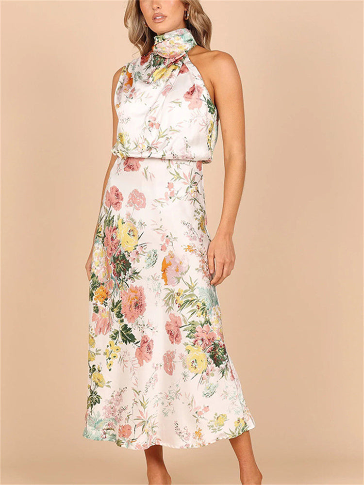 Women's Sleeveless Maxi Dress - Draped High Neck - Fitted Waist - Floral Elegant Wear