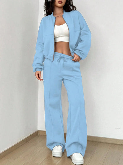 Women's casual zipper bomber jacket and wide leg pants set