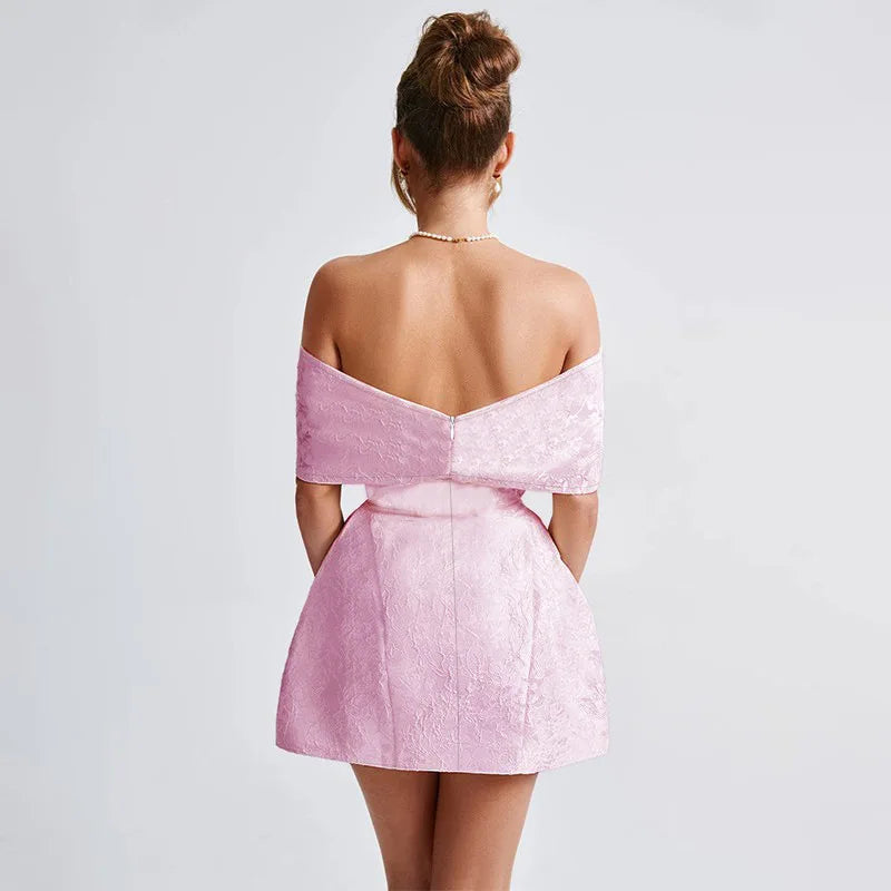 Women’s Mini Dress – Textured Jacquard – A-Line Fit – Off Shoulder – Statement Bow