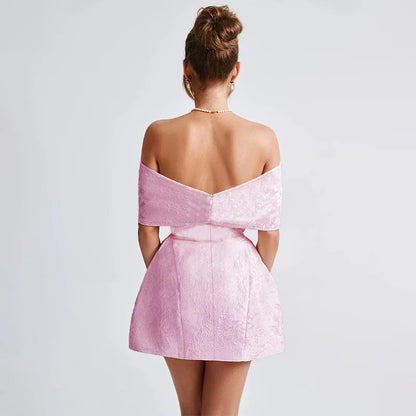 Women’s Mini Dress – Textured Jacquard – A-Line Fit – Off Shoulder – Statement Bow