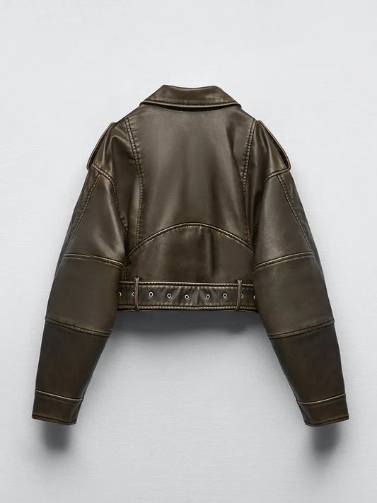 Two-Tone Leather Lapel Loose Coat