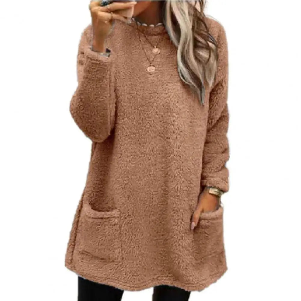 Women's cozy half-high collar plush sweatshirt with pockets