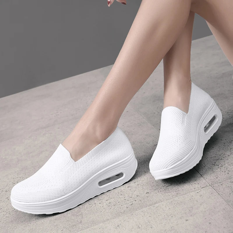 Women's Slip-On Sneakers - Breathable Knit Fabric - Air Cushion Platform Sole