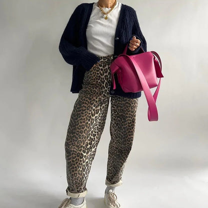 Leopard print wide-leg trousers loose fit straight cut for women