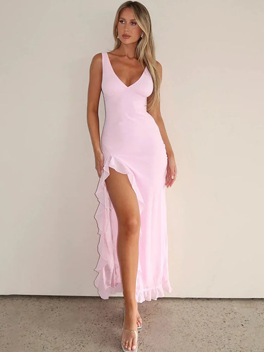 Satin Slim Fit V-Neck Evening Dress